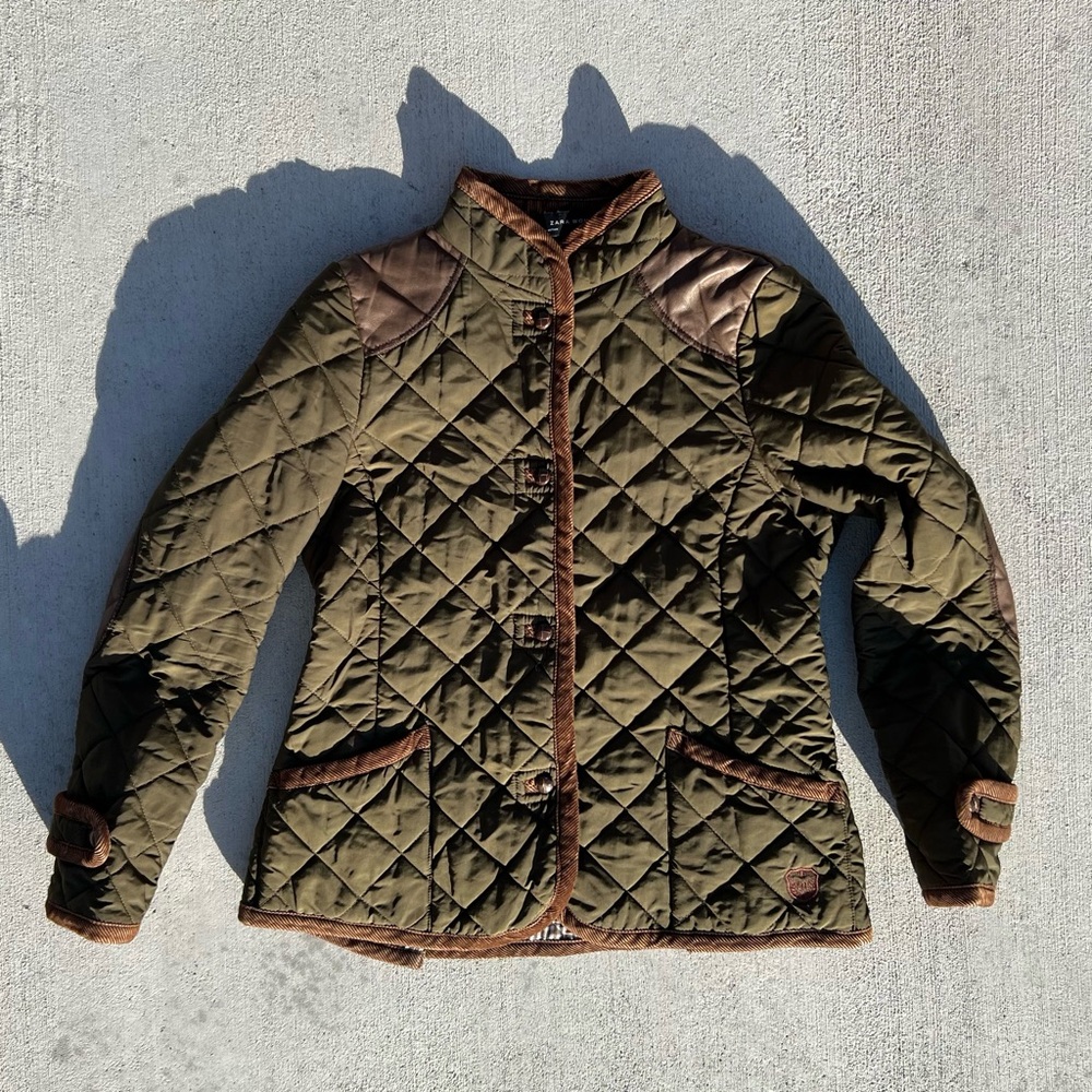 ZARA Women's Green Quilted Country Jacket Medium Arm/Shoulder Patches Retro